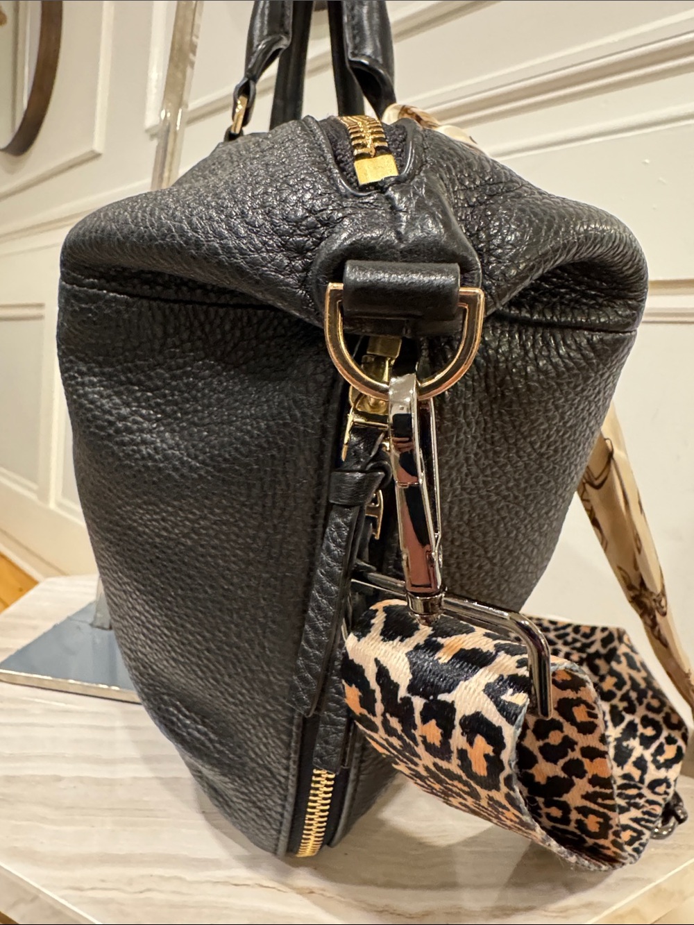 Tory Burch Bag Ivy Slouchy Black Leather Satchel with Leopard Crossbody Strap - Picture 8 of 17